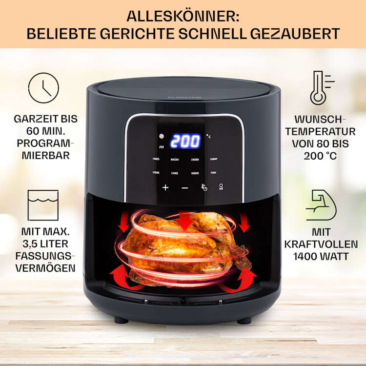 Crisp-Pro Heißluftfritteuse Air Fryer 1400W 3,5 Liter 8 Programme Timer Anthrazit