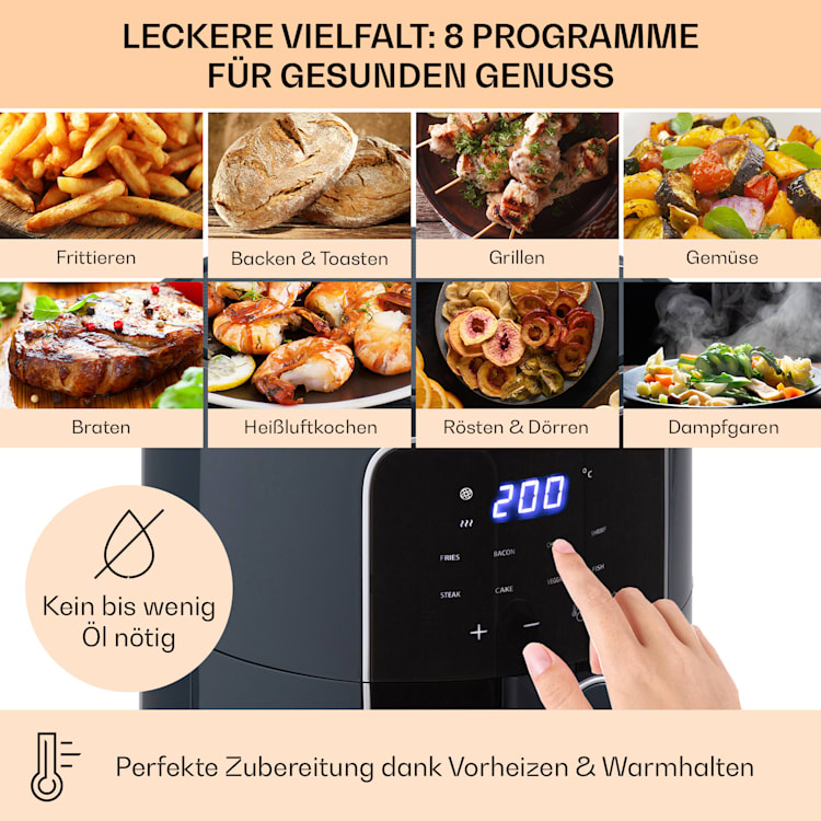 Crisp-Pro Heißluftfritteuse Air Fryer 1400W 3,5 Liter 8 Programme Timer Anthrazit