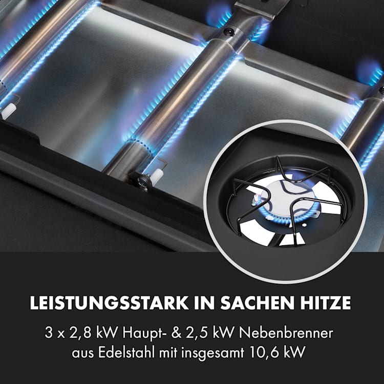 Valdosta 3.1 Gasgrill 3 x 2,8 kW + 2,5 kW Brenner Edelstahl mobil 3 Hauptbrenner + 1 Nebenbrenner