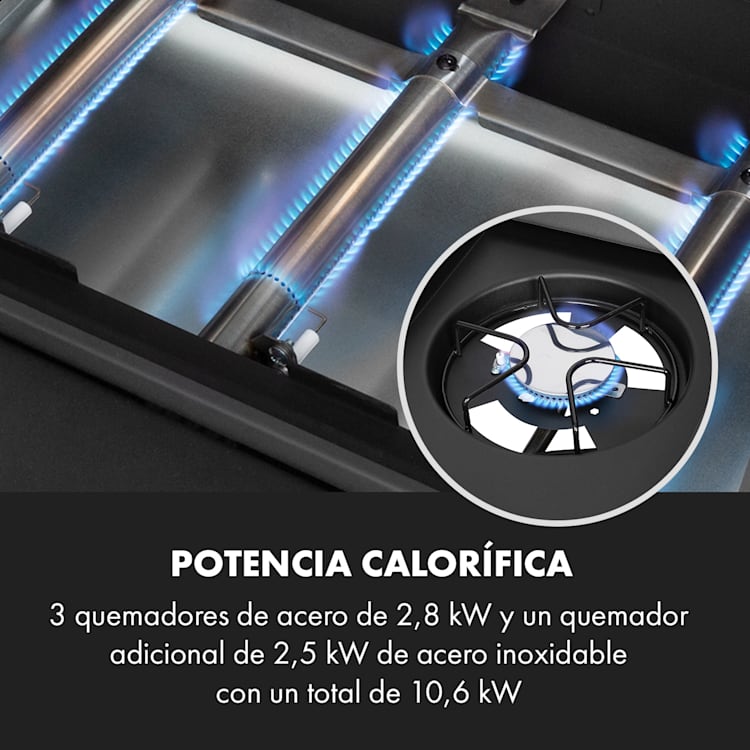 Valdosta 3.1 parrilla de gas 3 x 2,8 kW + 2,5 kW quemadores acero inoxidable portátil 3 quemadores principales + 1 quemador lateral