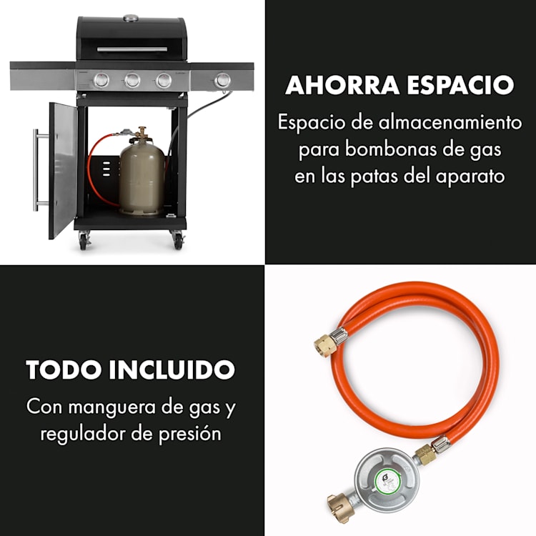 Valdosta 3.1 parrilla de gas 3 x 2,8 kW + 2,5 kW quemadores acero inoxidable portátil 3 quemadores principales + 1 quemador lateral