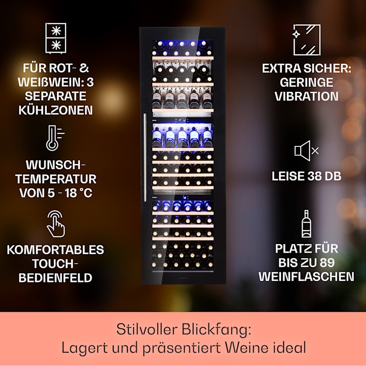 Vinsider 89 Built-In Trio Built-In Weinkühlschrank 5 – 18 °C Touch-Bedienfeld Holzregale 89 Flaschen | 3 Kühlzonen | Schwarz