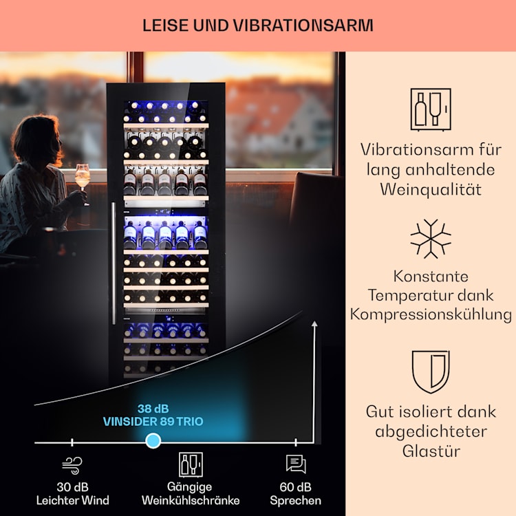 Vinsider 89 Built-In Trio Built-In Weinkühlschrank 5 – 18 °C Touch-Bedienfeld Holzregale 89 Flaschen | 3 Kühlzonen | Schwarz