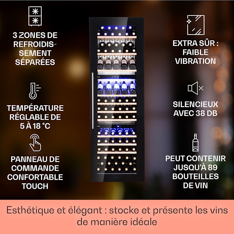 Vinsider 89 Built-In Trio Cave à vin encastrable 5-18°C panneau de commande tactile clayettes en bois 89 bouteilles | 3 zones de conservation | Noir
