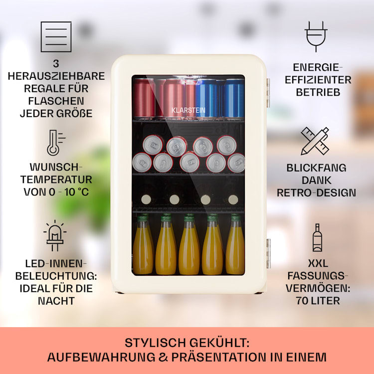 PopLife 70 Getränkekühler Kühlschrank 70 Ltr 0-10 °C Retro-Design LED Creme