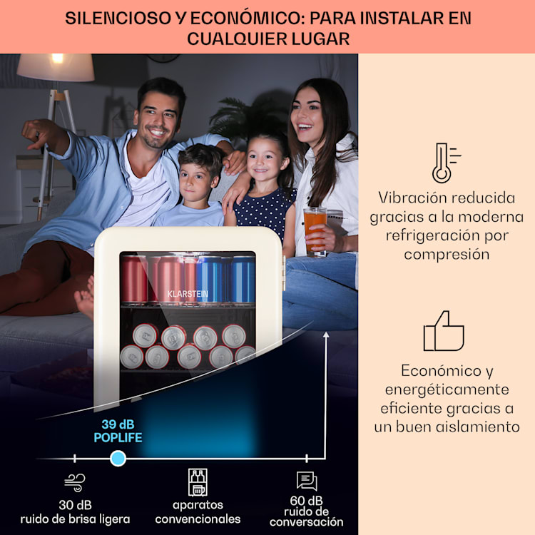 PopLife 70 Frigorífico para bebidas Nevera 70 L 0-10 °C Retro Led Crema