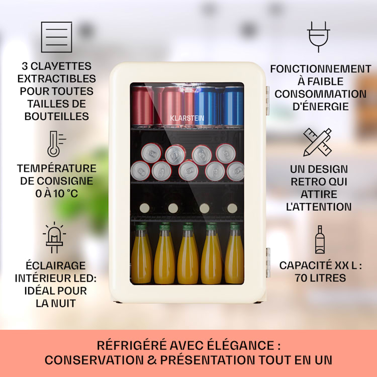 Réfrigérateur à boissons PopLife 70, 70 litres 0-10°C design rétro LED Crème