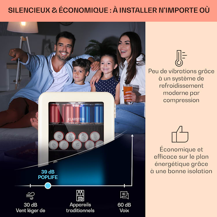 Réfrigérateur à boissons PopLife 70, 70 litres 0-10°C design rétro LED Crème