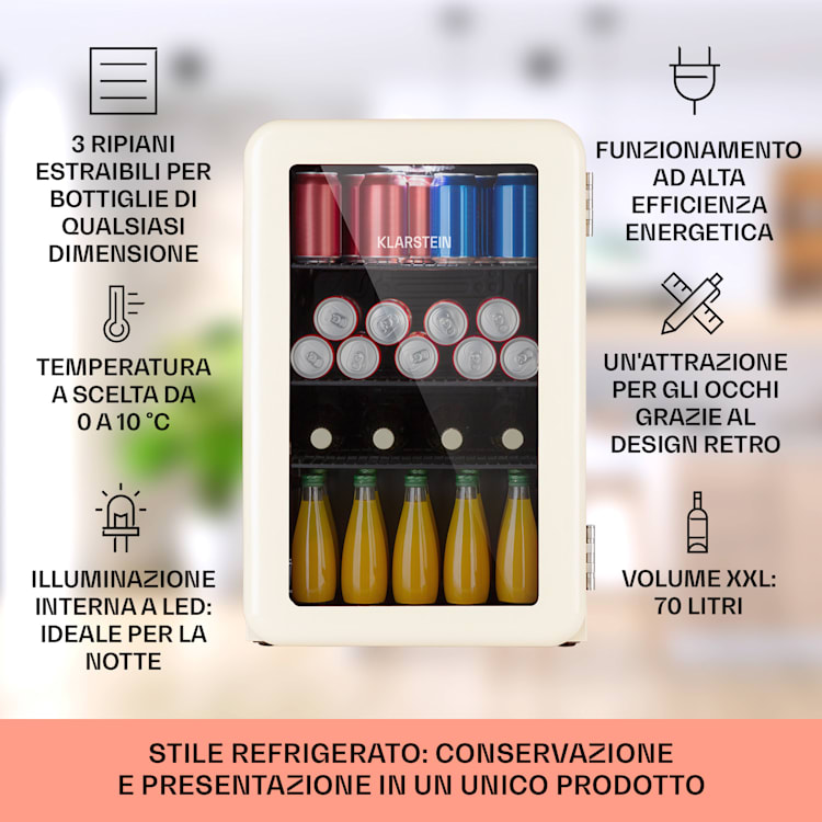 PopLife 70 frigorifero per bevande, frigo, 70 litri, 0-10°C, design retrò, LED Crema