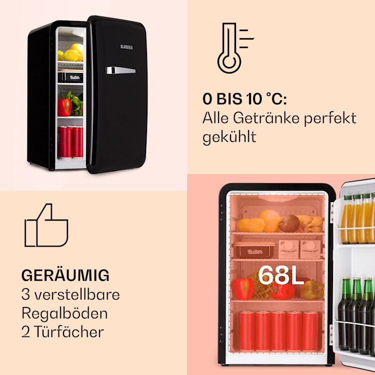 Audrey Retro-Kühlschrank 70 Liter 3 Regale 2 Türfächer Innenbeleuchtung Schwarz