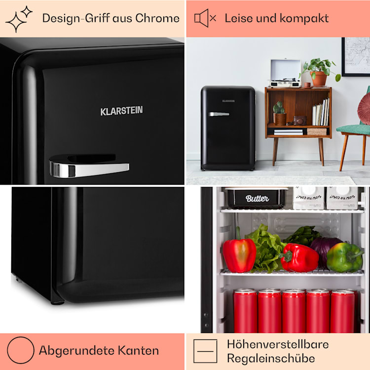Audrey Retro-Kühlschrank 70 Liter 3 Regale 2 Türfächer Innenbeleuchtung Schwarz