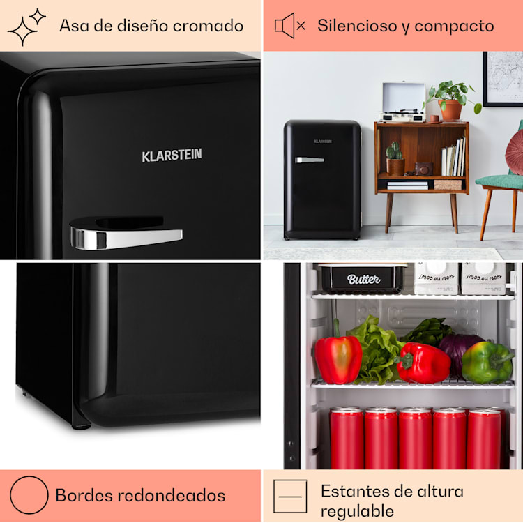 Mini nevera retro Audrey 70 Litros 3 baldas 2 compartimentos en la puerta iluminación interior Negro