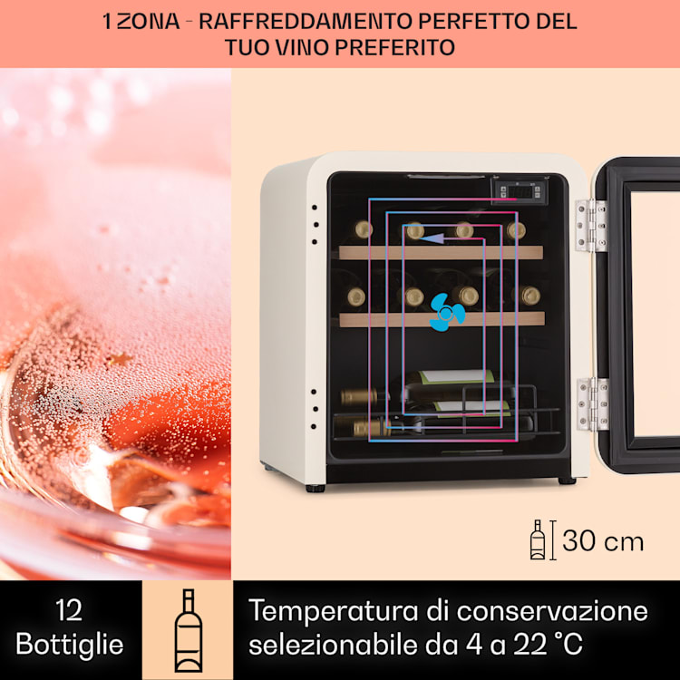 Cantinetta frigo per vini Vinetage 12 Bottiglie 48 Litri 4-22°C Design Retrò 12 bottiglie | 1 zona di raffreddamento | Crema