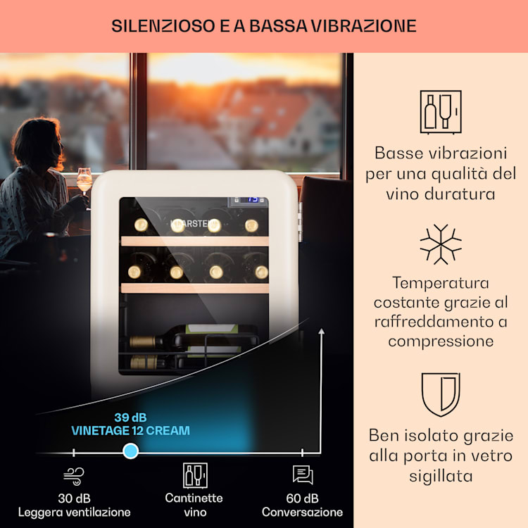 Cantinetta frigo per vini Vinetage 12 Bottiglie 48 Litri 4-22°C Design Retrò 12 bottiglie | 1 zona di raffreddamento | Crema