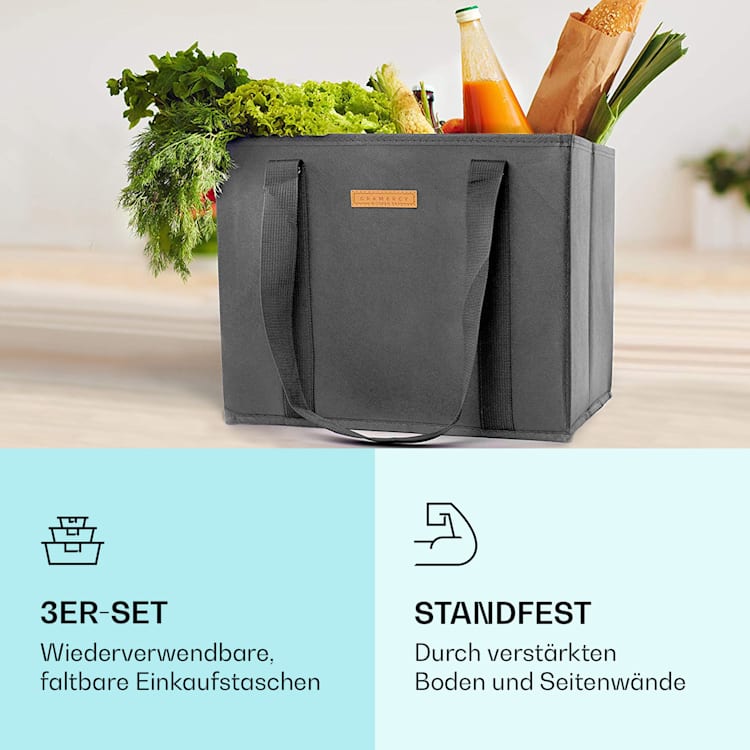 Einkaufstasche 3er Set wiederverwendbar waschbar faltbar verstärkt Grau
