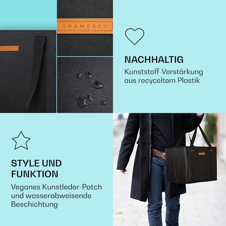 Einkaufstasche 4er Set wiederverwendbar waschbar faltbar verstärkt Schwarz