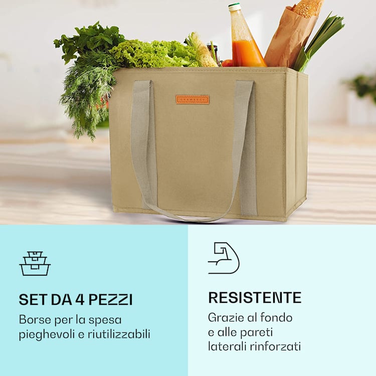 Set di 4 borse per la spesa riutilizzabili, lavabili, pieghevoli e rinforzate Beige
