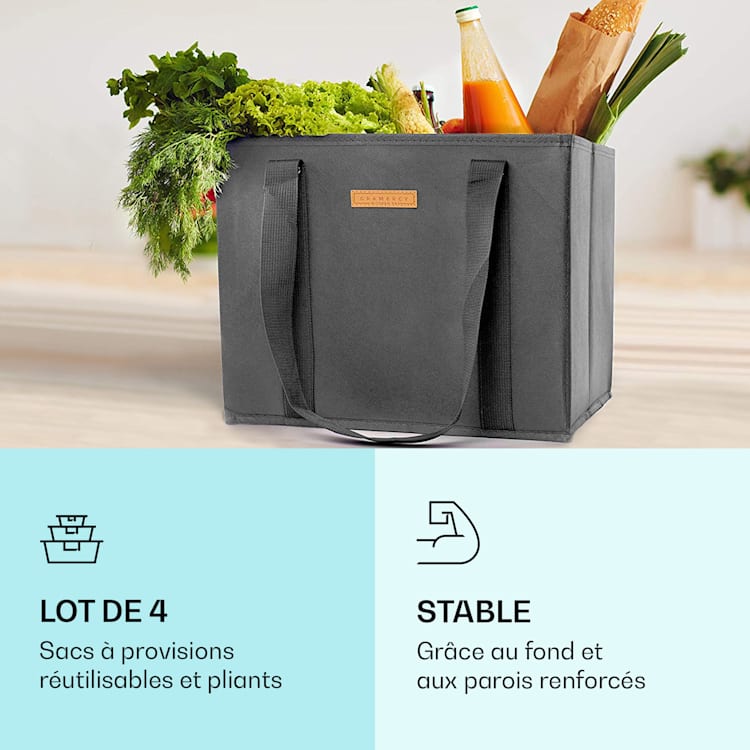 Lot de 4 sac à provisions réutilisables lavables pliables renforcés Gris