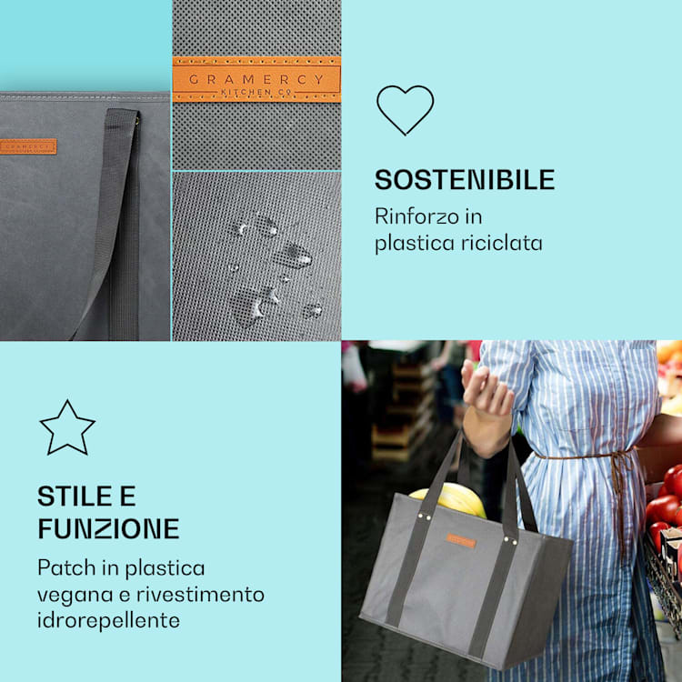 Set di 4 borse per la spesa riutilizzabili, lavabili, pieghevoli e rinforzate Grigio