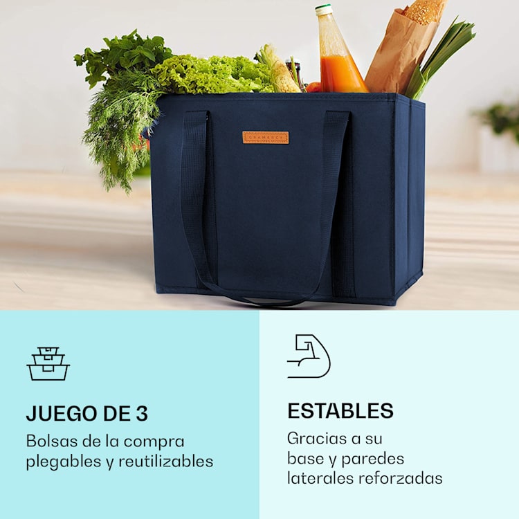 Set de 3 bolsas de la compra reutilizables, lavables y reforzadas marina