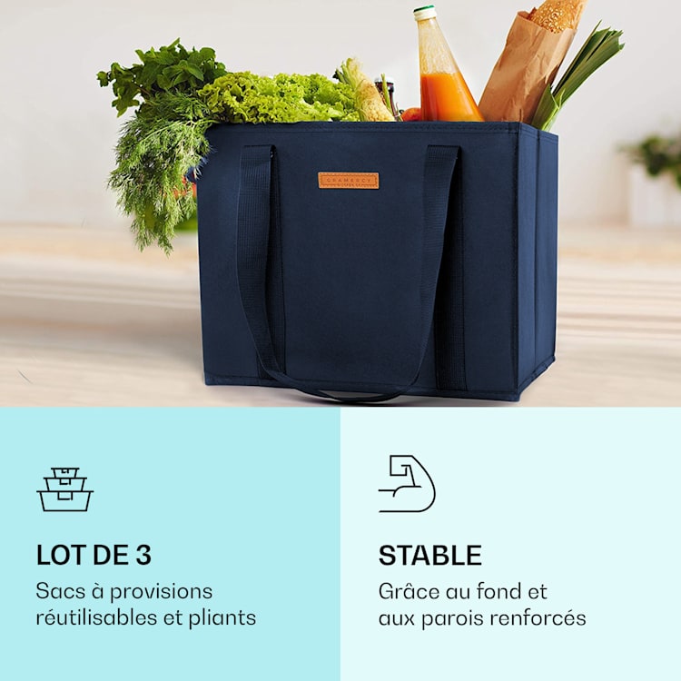 Lot de 3 sac à provisions réutilisables lavables pliables renforcés Marin