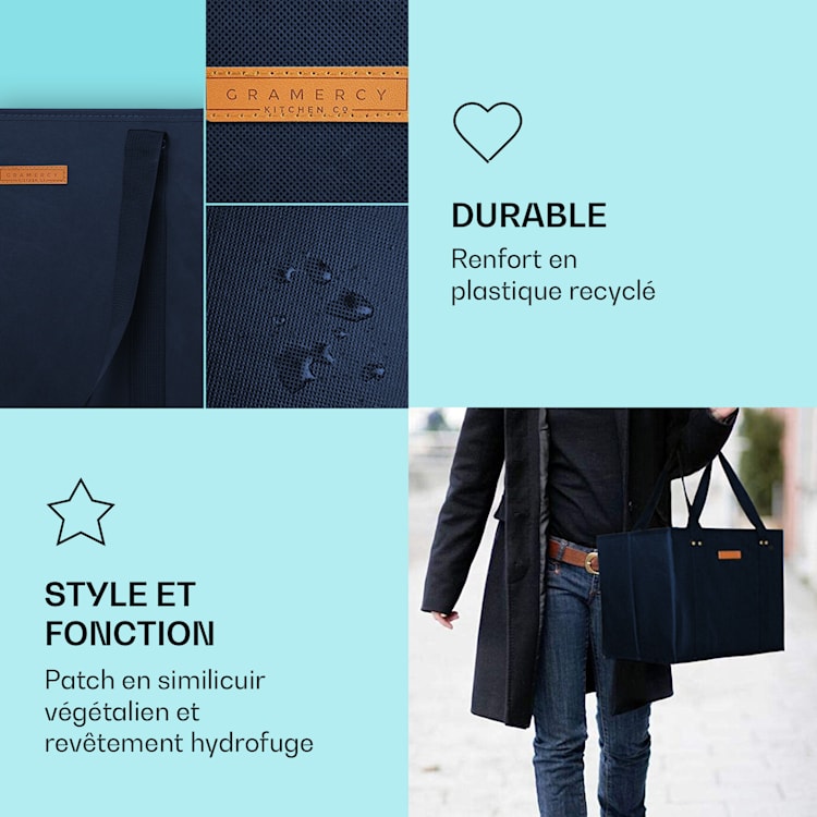 Lot de 3 sac à provisions réutilisables lavables pliables renforcés Marin