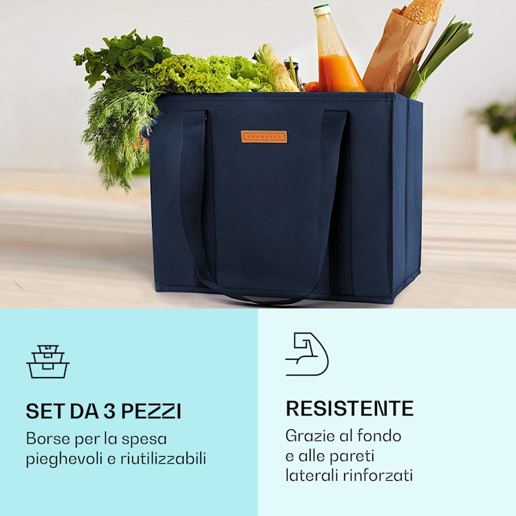 Set di 3 borse per la spesa riutilizzabili, lavabili, pieghevoli e rinforzate marino