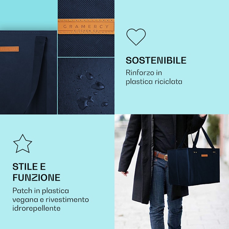 Set di 3 borse per la spesa riutilizzabili, lavabili, pieghevoli e rinforzate marino
