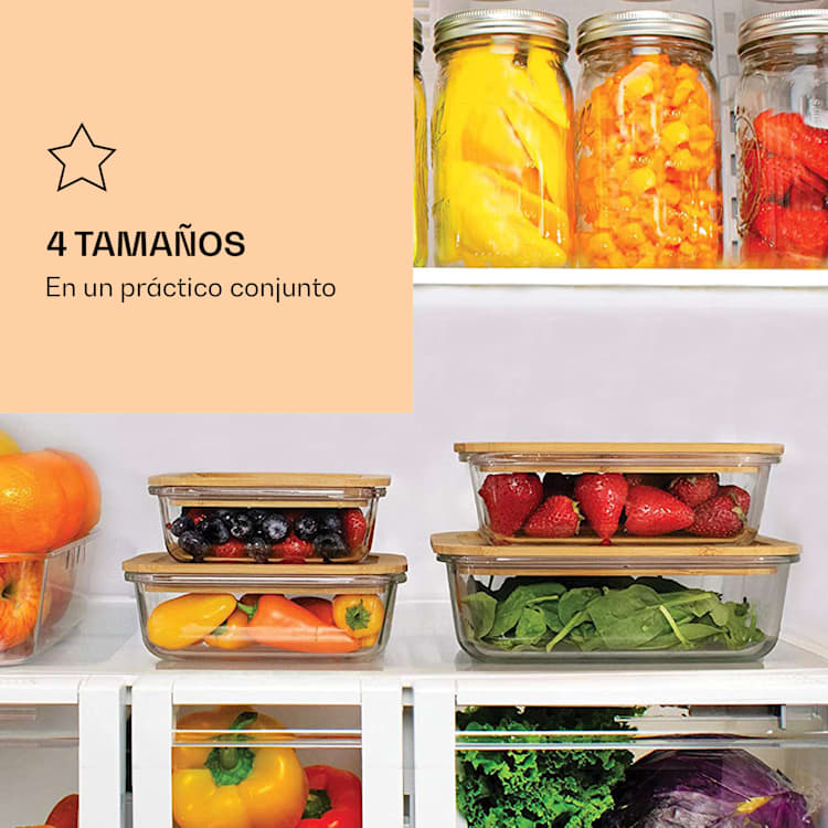 Set de 4 recipientes para almacenar alimentos vidrio borosilicato tapas de bambú apilables de 4 tamaños