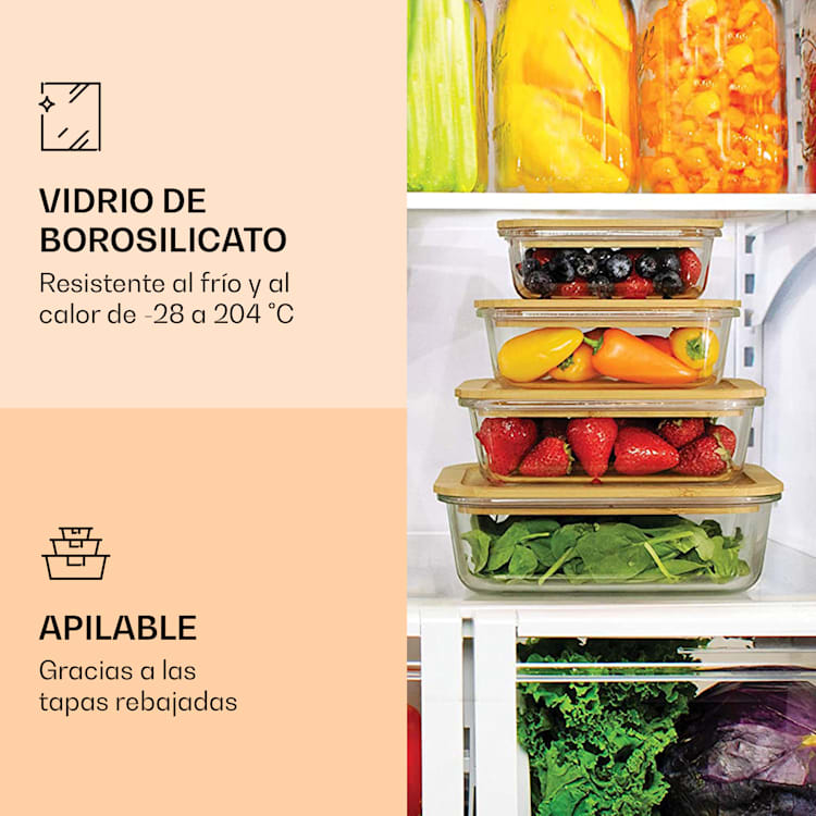 Set de 4 recipientes para almacenar alimentos vidrio borosilicato tapas de bambú apilables de 4 tamaños