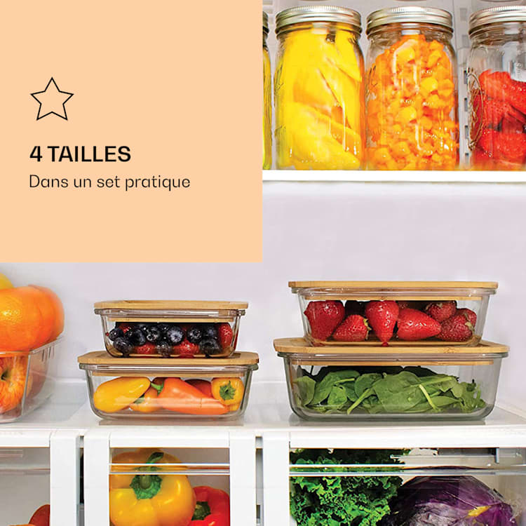 Lot de 4 boîtes de conservation en verre borosilicaté Couvercle en bambou empilable 4 tailles