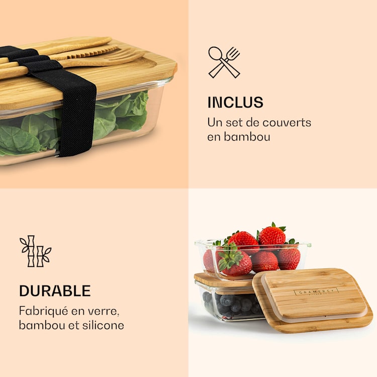 Lot de 4 boîtes de conservation en verre borosilicaté Couvercle en bambou empilable 4 tailles