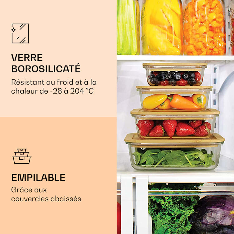 Lot de 4 boîtes de conservation en verre borosilicaté Couvercle en bambou empilable 4 tailles