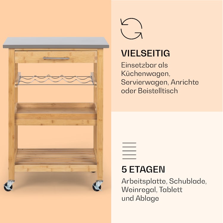 Vermont Servierwagen Küchenwagen 5 Etagen Holz Edelstahl mobil Bambus