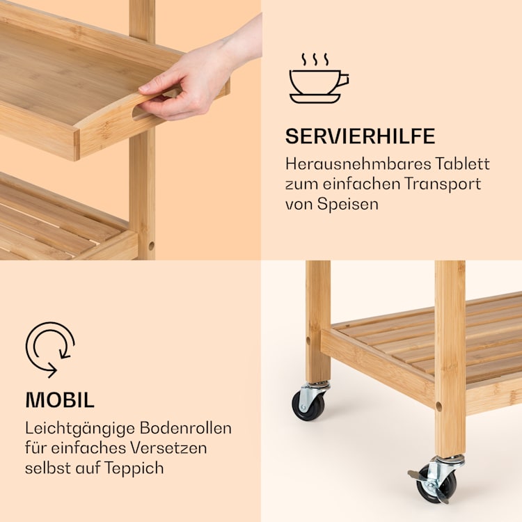 Vermont Servierwagen Küchenwagen 5 Etagen Holz Edelstahl mobil Bambus