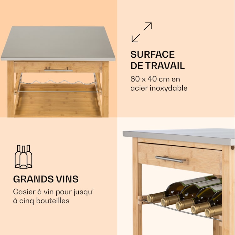 Vermont Chariot de service Chariot de cuisine 5 plateaux bois inox mobile Bambou