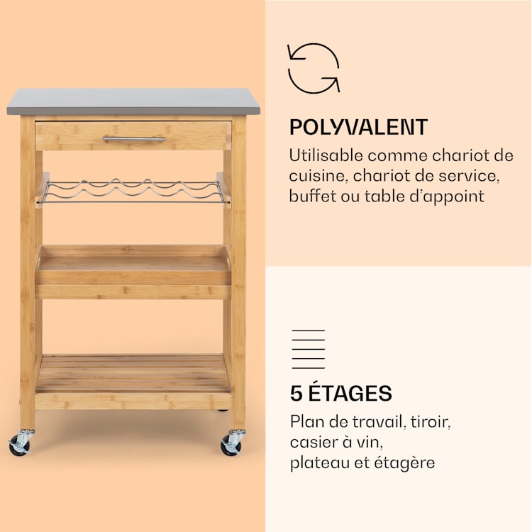 Vermont Chariot de service Chariot de cuisine 5 plateaux bois inox mobile Bambou