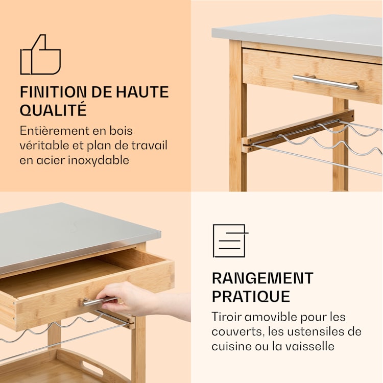 Vermont Chariot de service Chariot de cuisine 5 plateaux bois inox mobile Bambou