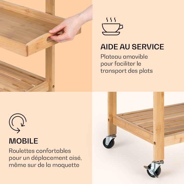 Vermont Chariot de service Chariot de cuisine 5 plateaux bois inox mobile Bambou