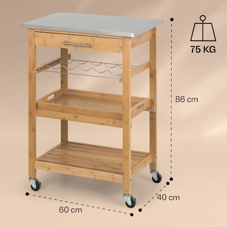 Vermont Chariot de service Chariot de cuisine 5 plateaux bois inox mobile Bambou