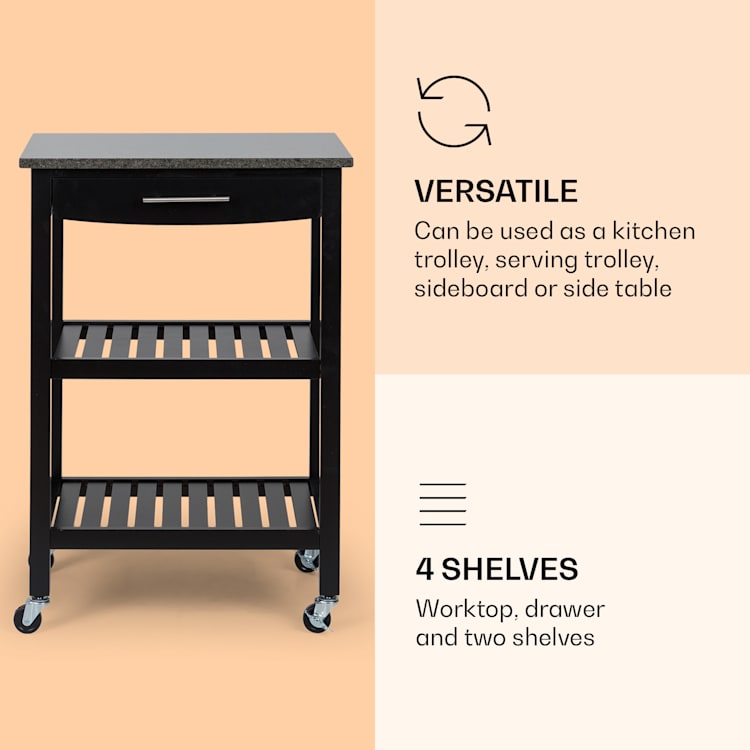 Tennessee Chariot de service Chariot de cuisine 4 étages bois granit mobile Noir