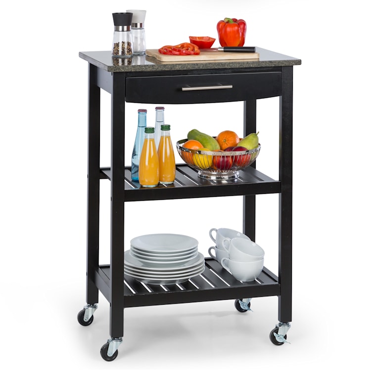 Tennessee - Carrello di servizio, carrello da cucina, 4 livelli, legno, granito, mobile Nero