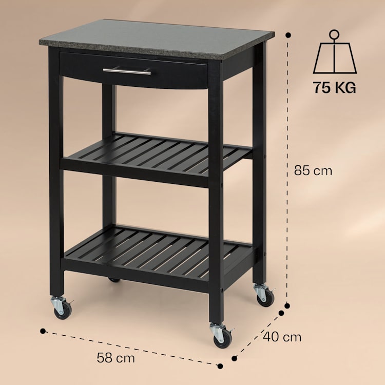 Tennessee - Carrello di servizio, carrello da cucina, 4 livelli, legno, granito, mobile Nero