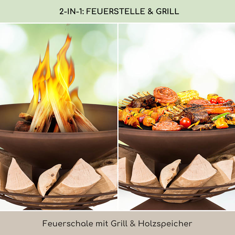Aguilera Feuerschale mit Grill Ø 65 cm Holzlager Stahl Rost