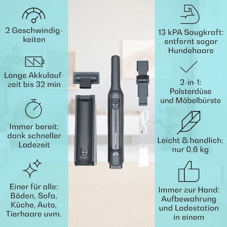 LARMA Akku-Handstaubsauger kabellos beutellos akkubetrieben 32 min Laufzeit max. Grau