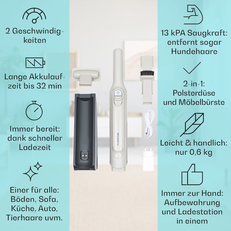 LARMA Akku-Handstaubsauger kabellos beutellos akkubetrieben 32 min Laufzeit max. Sand