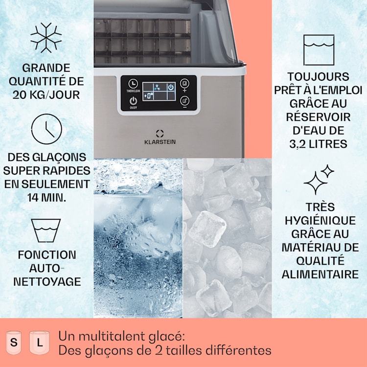 Machine à glaçons Chios 20 kg/24h Auto-Clean Réservoir d'eau de 3,2 litres Acier Inoxydable