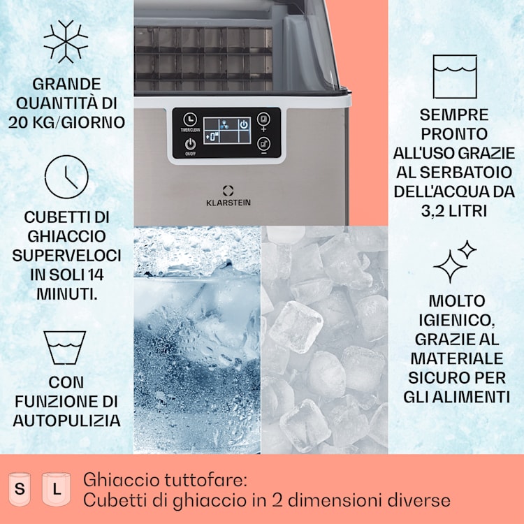 Chios macchina per cubetti di ghiaccio, 20 kg/24 ore, autopulente, serbatoio da 3,2 litri Acciaio inox