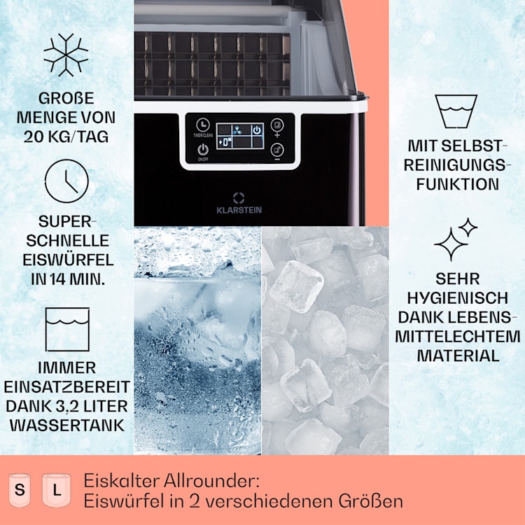 Chios Eiswürfelmaschine 20 kg/24 h Auto-Clean 3,2-Liter Wassertank Schwarz