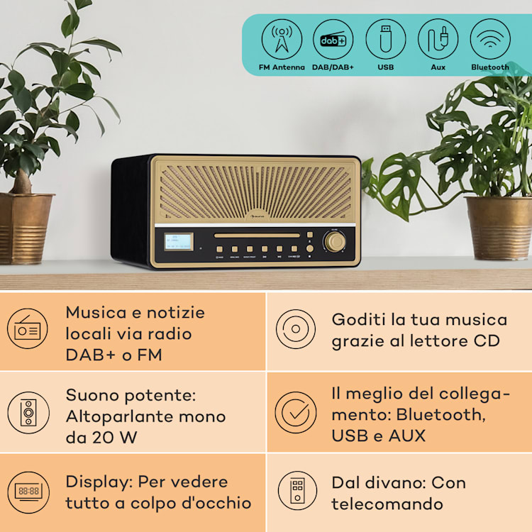 Glastonbury DAB - Radio con lettore CD, casse stereo, BT, DAB/FM, MP3, USB, line-in Nero